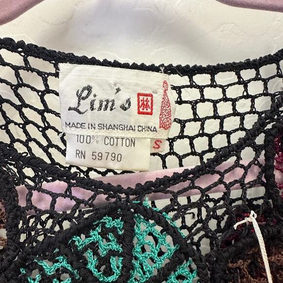 Lim’s 1980's Vintage Hand Crocheted Jewel Tone Cotton Abstract Top Small - Picture 3 of 4